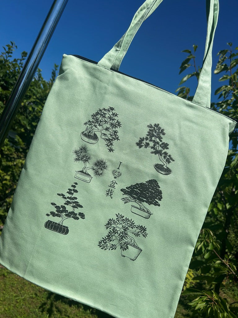 světle zelená nákupní taška "Bonsai lover" se zipem a vnitřní kapsou