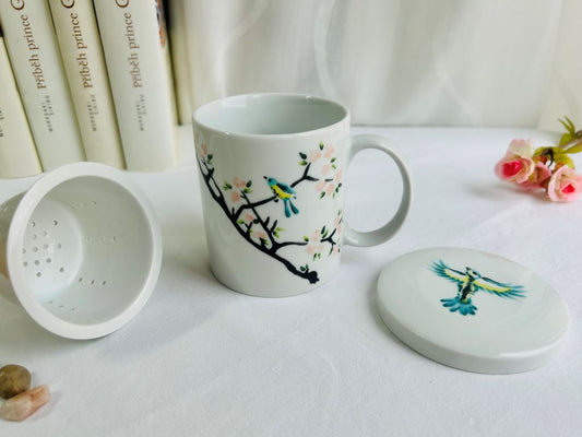 hrnek "Ptáček na sakuře"se sítkem a pokličkou 300 ml