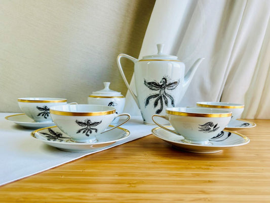Zlatá vintage čajová souprava "Drak a Fénix"