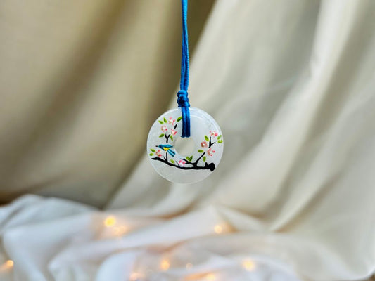 náhrdelník donut "Ptáček na sakuře" křišťál