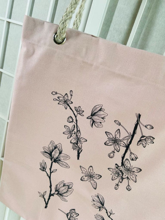 růžová nákupní taška "Jarní Japonsko" se šňůrovými uchy