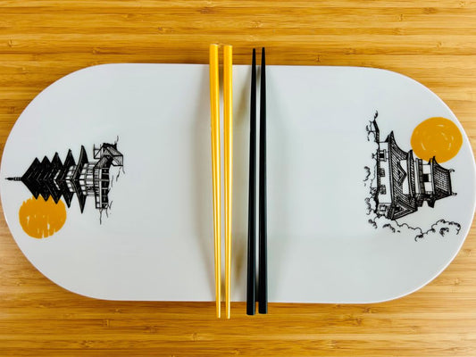 Porcelánový tác na sushi "Japonský hrad a pagoda" 40x20 cm