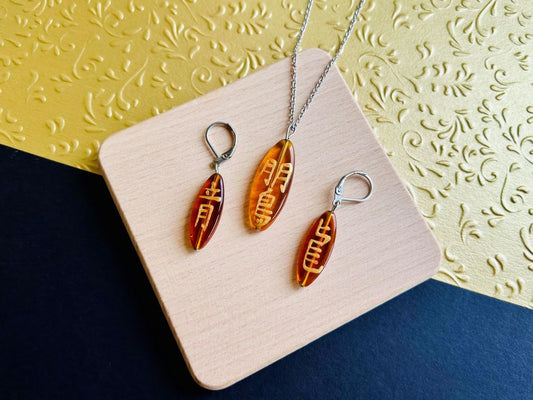 sada medových skleněných šperků "Drak a fénix" náhrdelník a náušnice