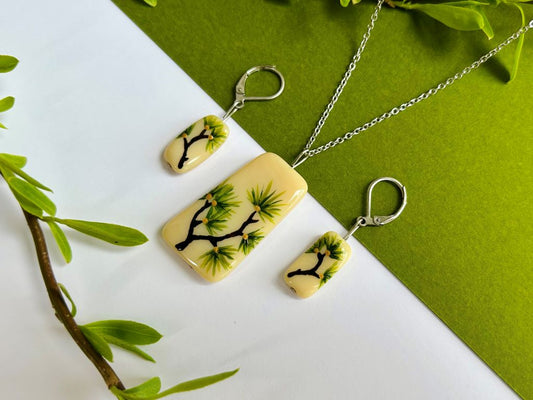 sada skleněných šperků "Dlouhověká borovice" náhrdelník a náušnice