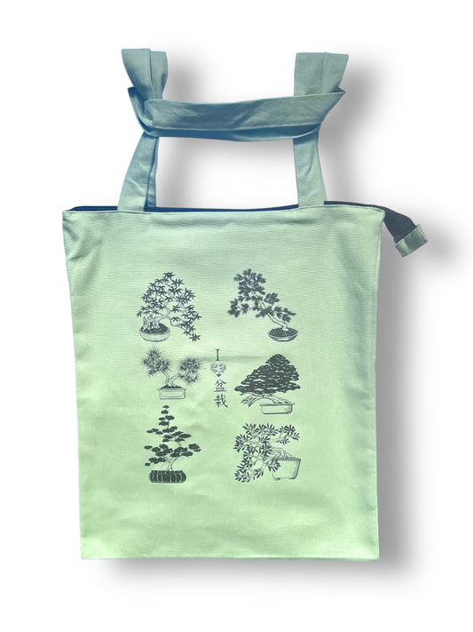 světle zelená nákupní taška "Bonsai lover" se zipem a vnitřní kapsou