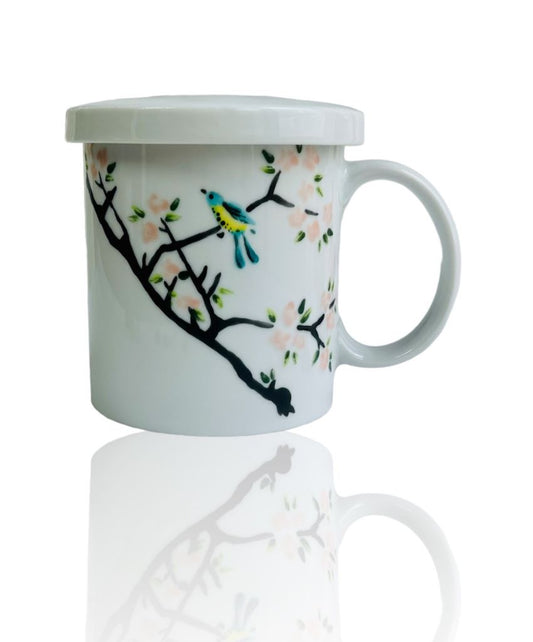 hrnek "Ptáček na sakuře"se sítkem a pokličkou 300 ml