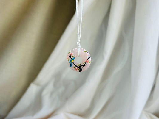 náhrdelník donut "Ptáček na sakuře" růženín