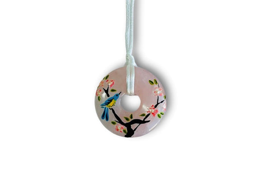 náhrdelník donut "Ptáček na sakuře" růženín