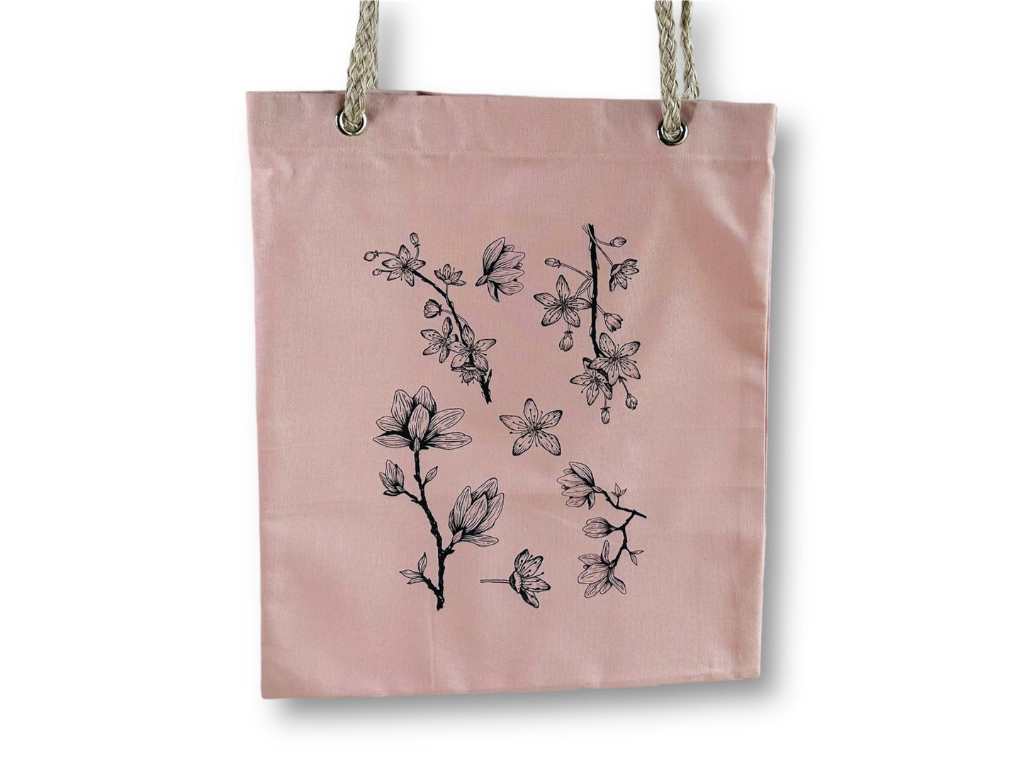 růžová nákupní taška "Jarní Japonsko" se šňůrovými uchy