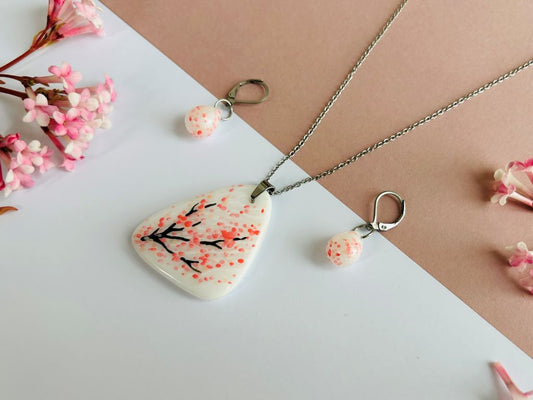 sada skleněných šperků "Ráno pod sakurou" náhrdelník a náušnice
