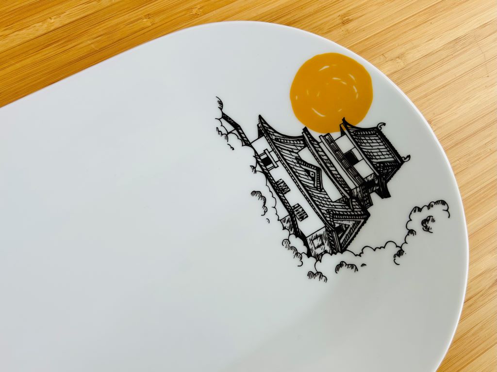 Porcelánový tác na sushi "Japonský hrad a pagoda" 40x20 cm