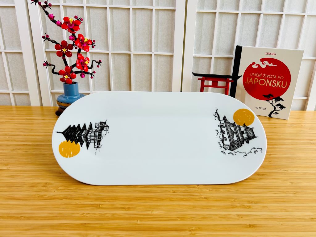 Porcelánový tác na sushi "Japonský hrad a pagoda" 40x20 cm