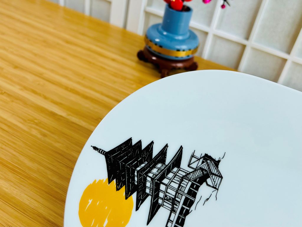 Porcelánový tác na sushi "Japonský hrad a pagoda" 40x20 cm