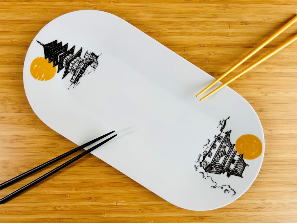 Porcelánový tác na sushi "Japonský hrad a pagoda" 40x20 cm