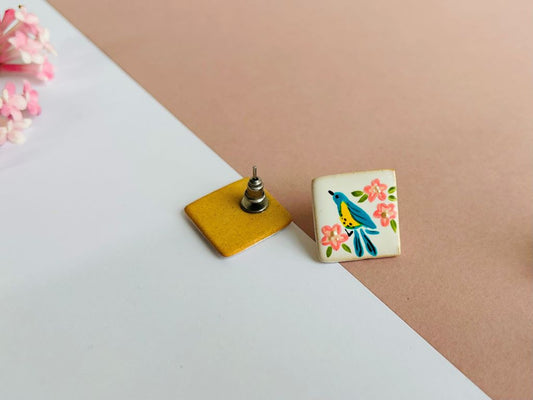 keramické náušnice "Ptáček na sakuře"