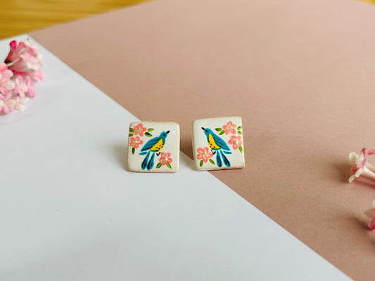 keramické náušnice "Ptáček na sakuře"