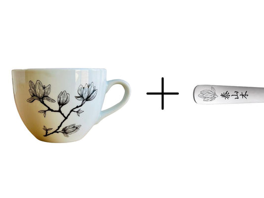 sada hrnek široký + lžička "Magnolie" se zlatou