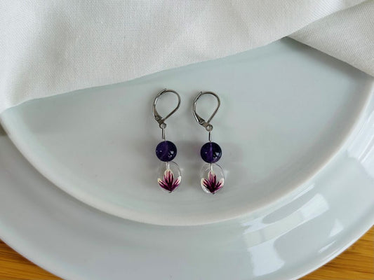 Skleněné náušnice "Vůně jarního snu" s ametystem