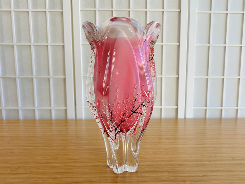 Velká skleněná váza "Ráno pod sakurou" výška 29,5 cm
