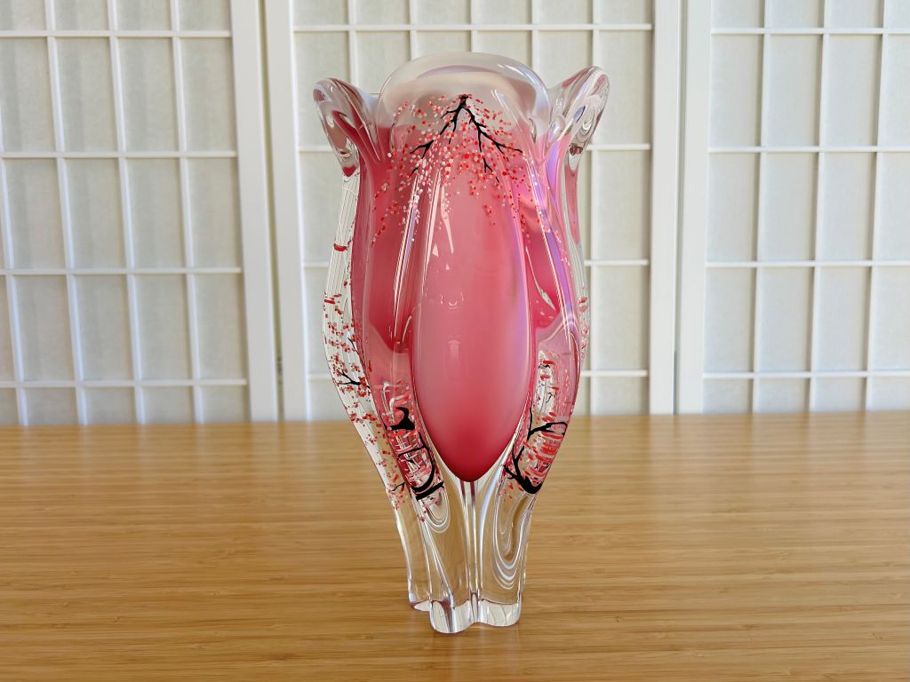 Velká skleněná váza "Ráno pod sakurou" výška 29,5 cm