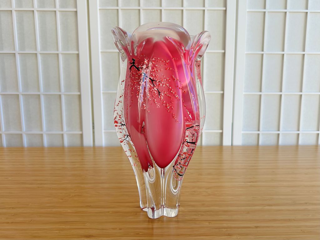 Velká skleněná váza "Ráno pod sakurou" výška 29,5 cm